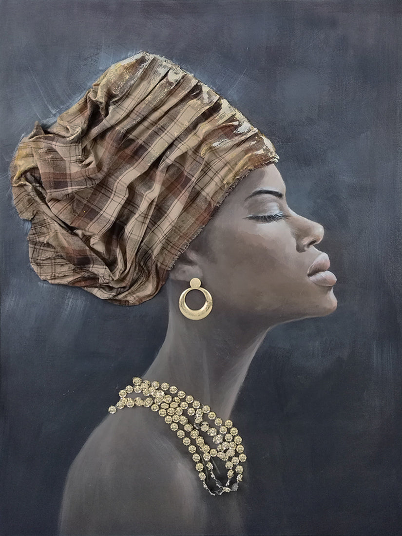 ''African Headdress on Black'' Hand-painted Canvas w/ Fabric