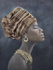 ''African Headdress on Black'' Hand-painted Canvas w/ Fabric