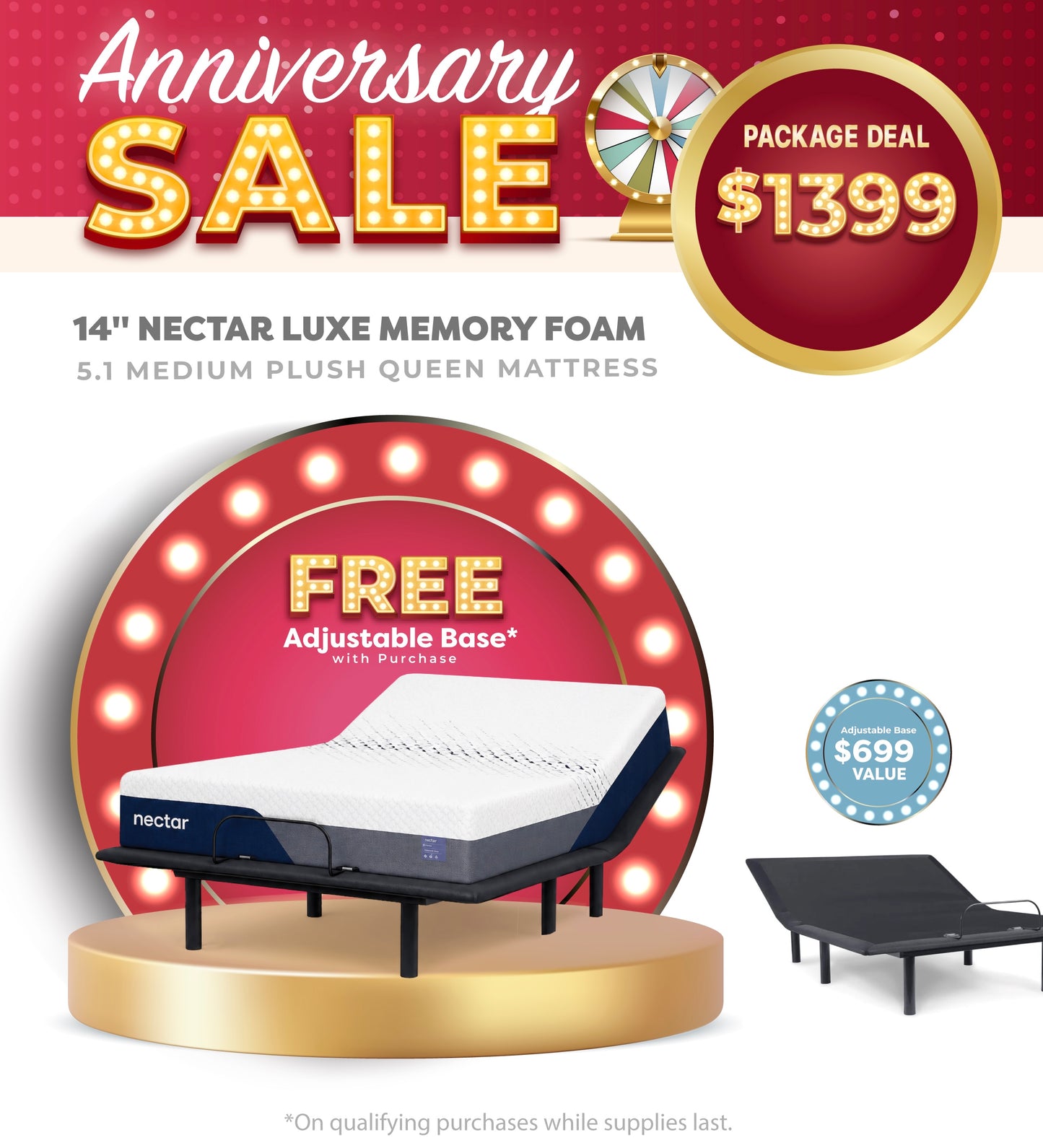 14" Nectar Luxe Memory Foam 5.1 Medium Plush Queen Mattress + Free Adjustable Base
