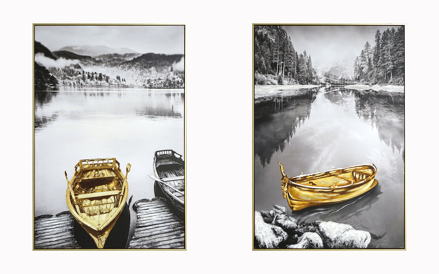 ''Golden Serenity Reflections - Set of Two'' Hand-painted Canvas in Frame (set)