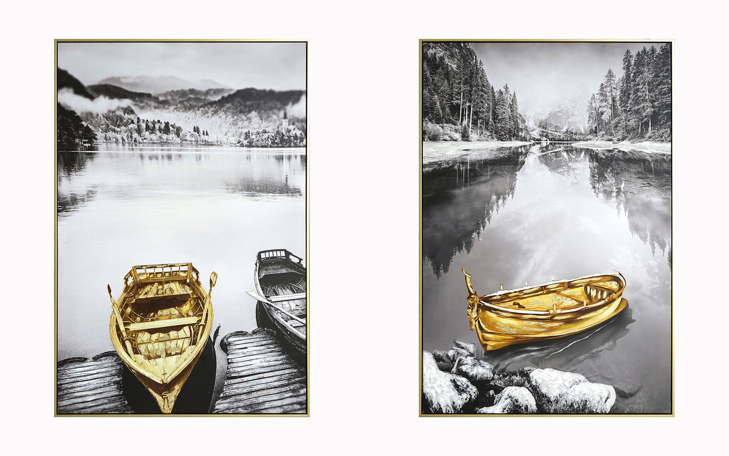 ''Golden Serenity Reflections - Set of Two'' Hand-painted Canvas in Frame (set)