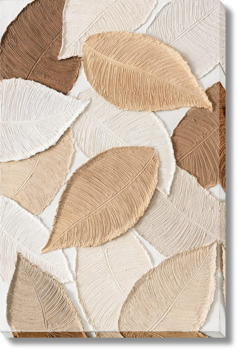 ''Neutral Harmony Textured Leaf Art'' Hand-painted Wrapped Canvas