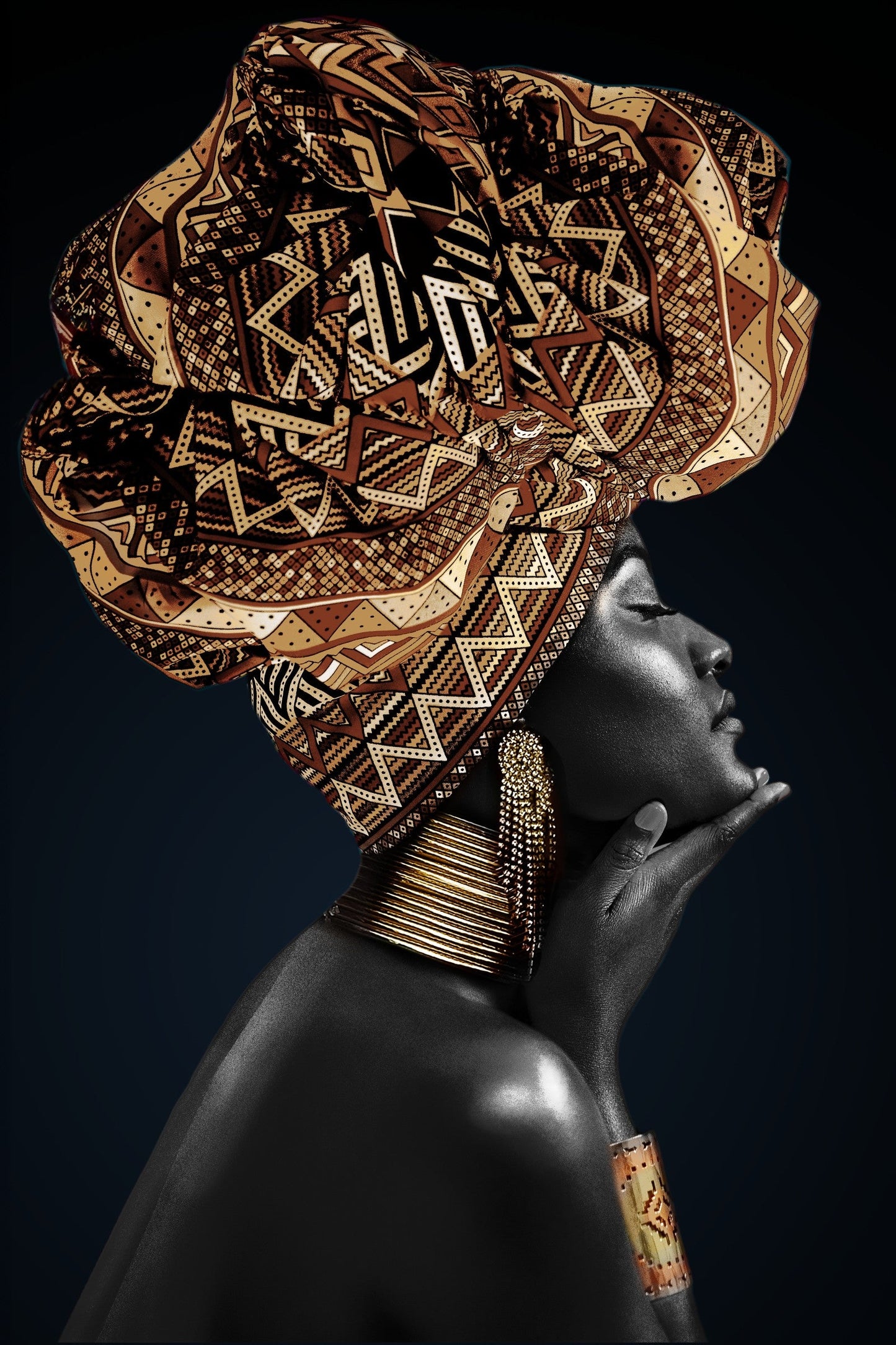 ''Gold Headdress on Black'' Hand-painted Gloss Canvas