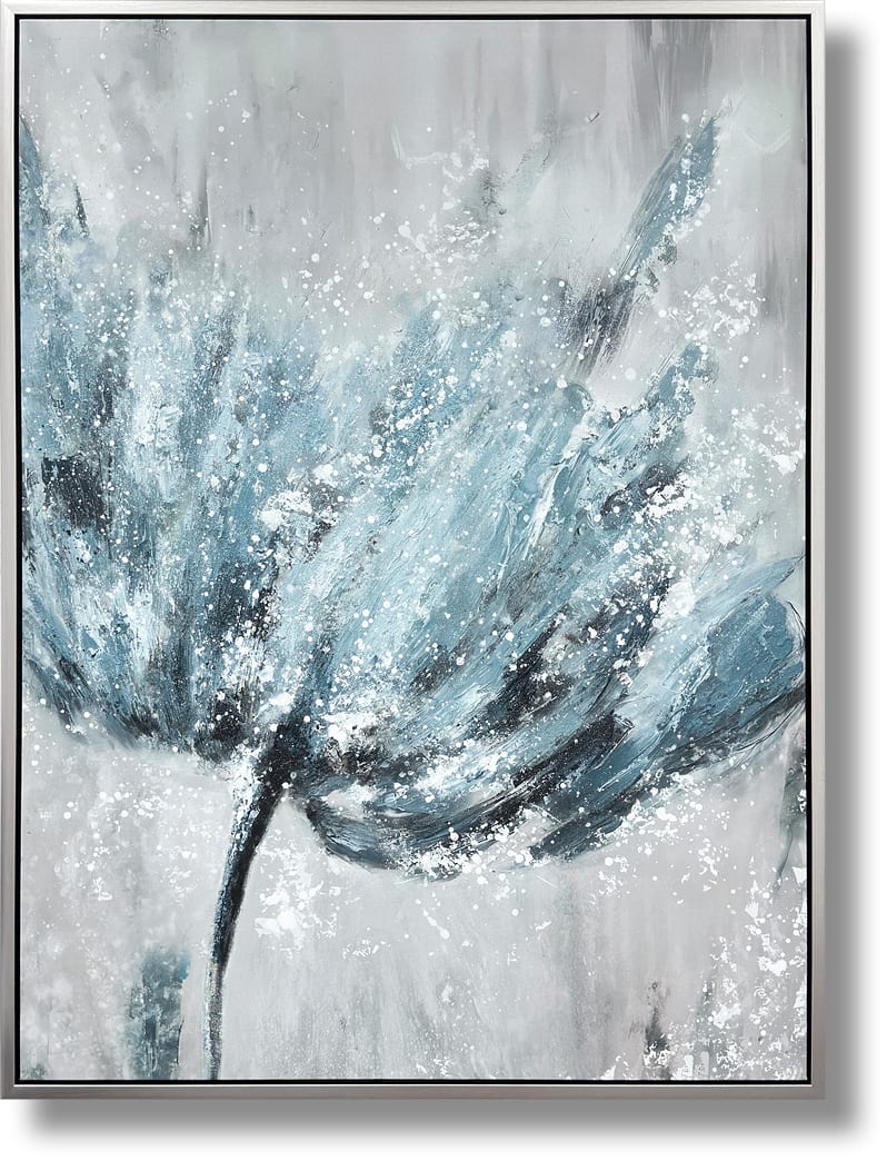''Frosted Blue Petal Burst'' Hand-painted Canvas in Frame