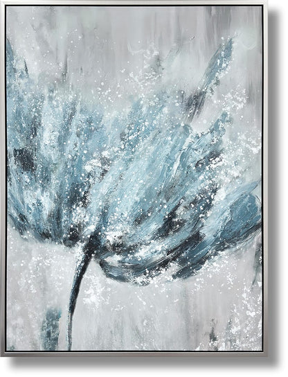 ''Frosted Blue Petal Burst'' Hand-painted Canvas in Frame