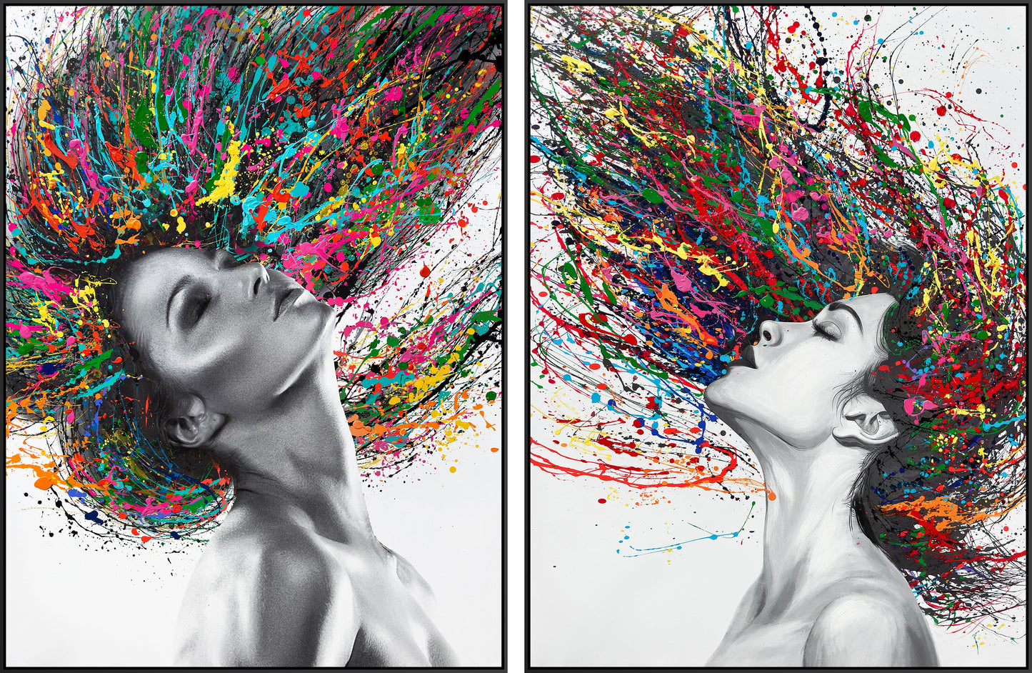 ''Vivid Muse: Dual Color Splash Portraits'' Textured Canvas in Frame (set)