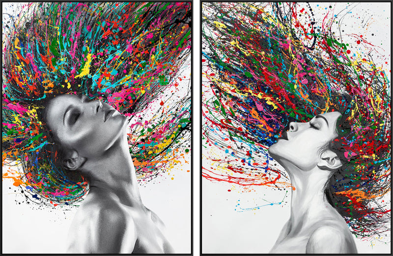 ''Vivid Muse: Dual Color Splash Portraits'' Textured Canvas in Frame (set)