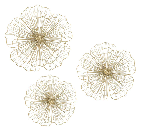''3D Wire Gold Flowers'' Metal Wall Art