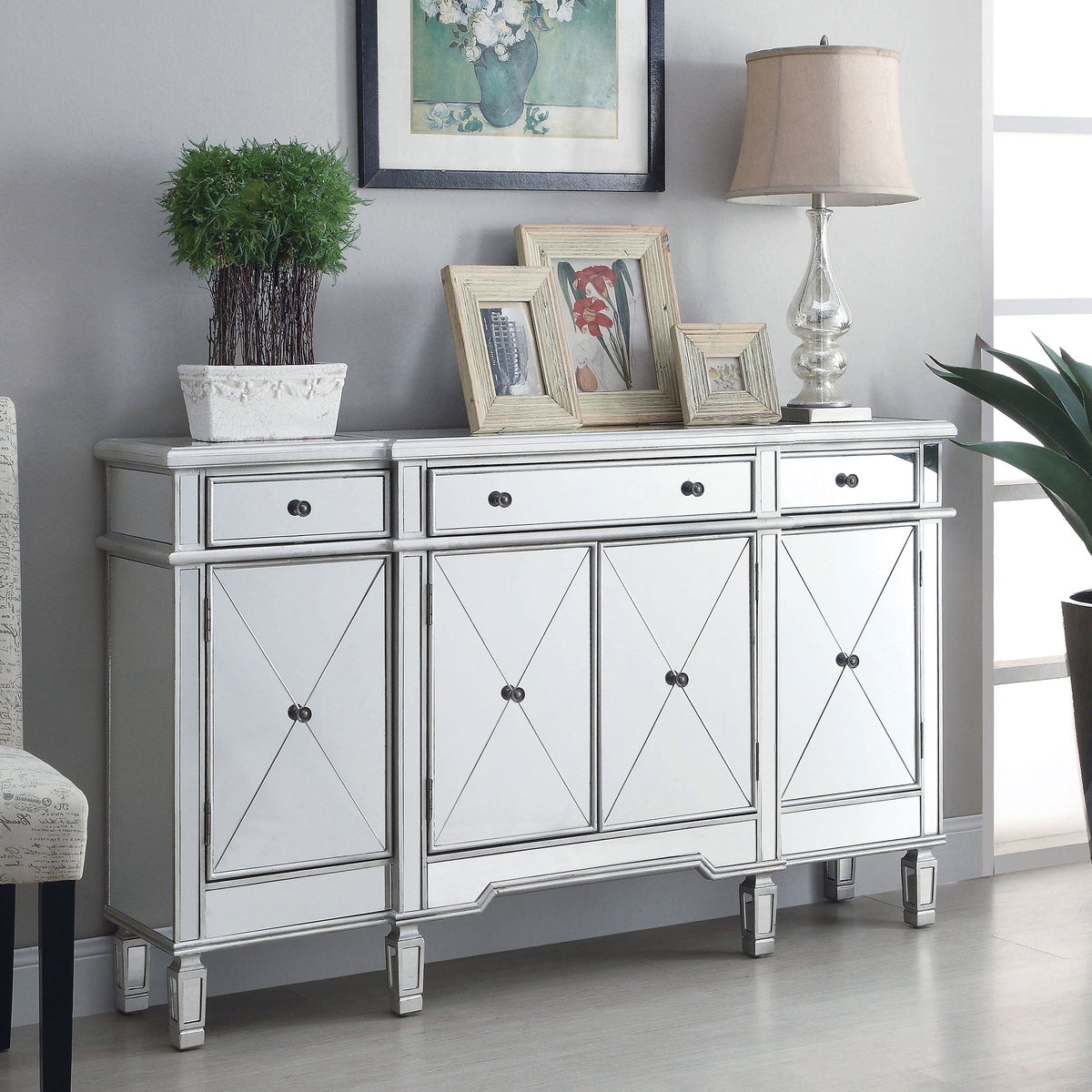Gabinete de almacenamiento con espejo de 4 puertas Aconitum, plateado