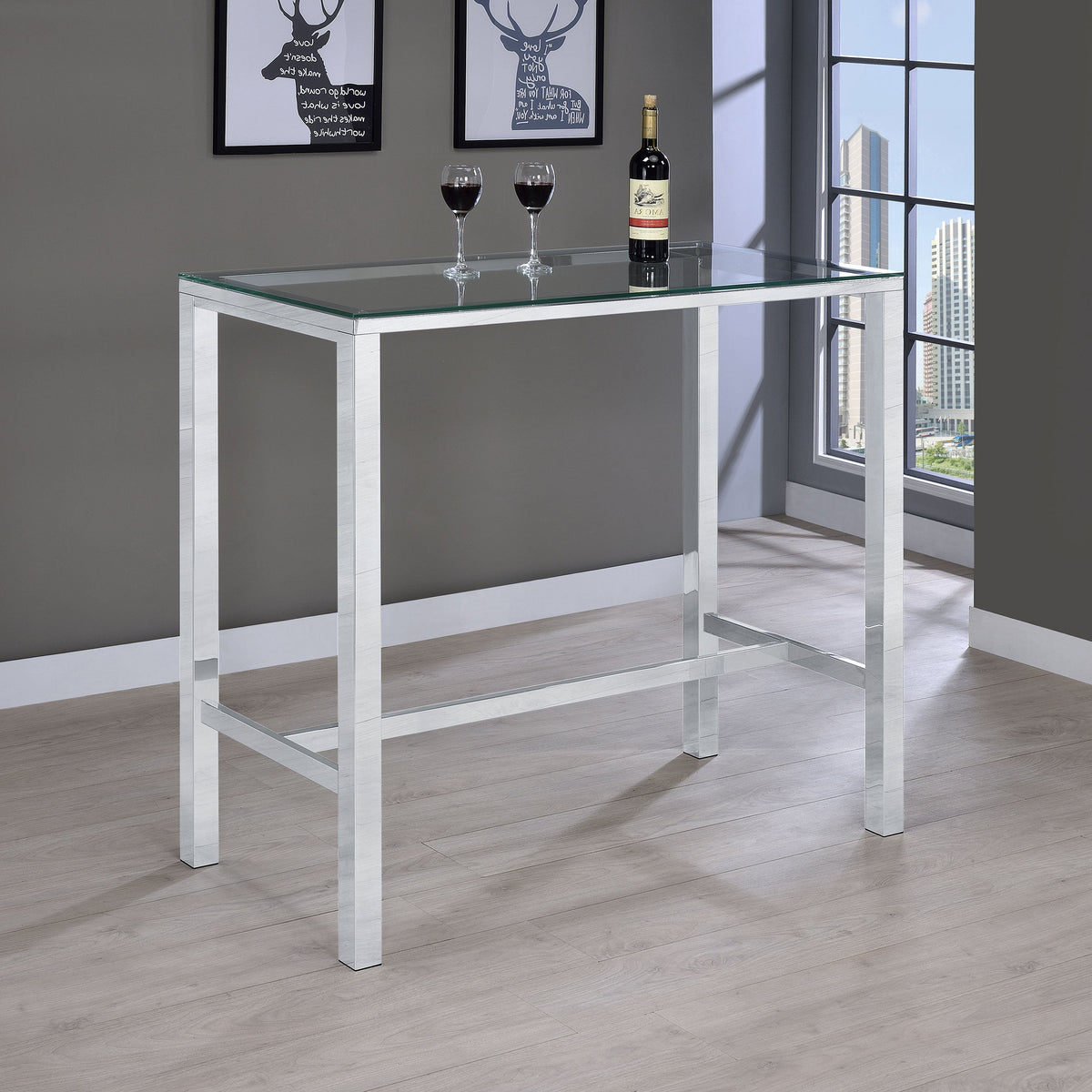 Mesa de bar de pub rectangular Tolbert de 47 pulgadas con tapa de vidrio, cromada