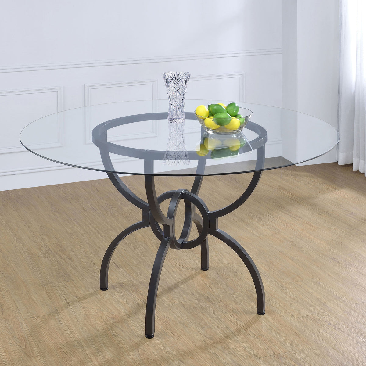 Mesa de comedor redonda Aviano de 48 pulgadas con tapa de vidrio y metal color bronce