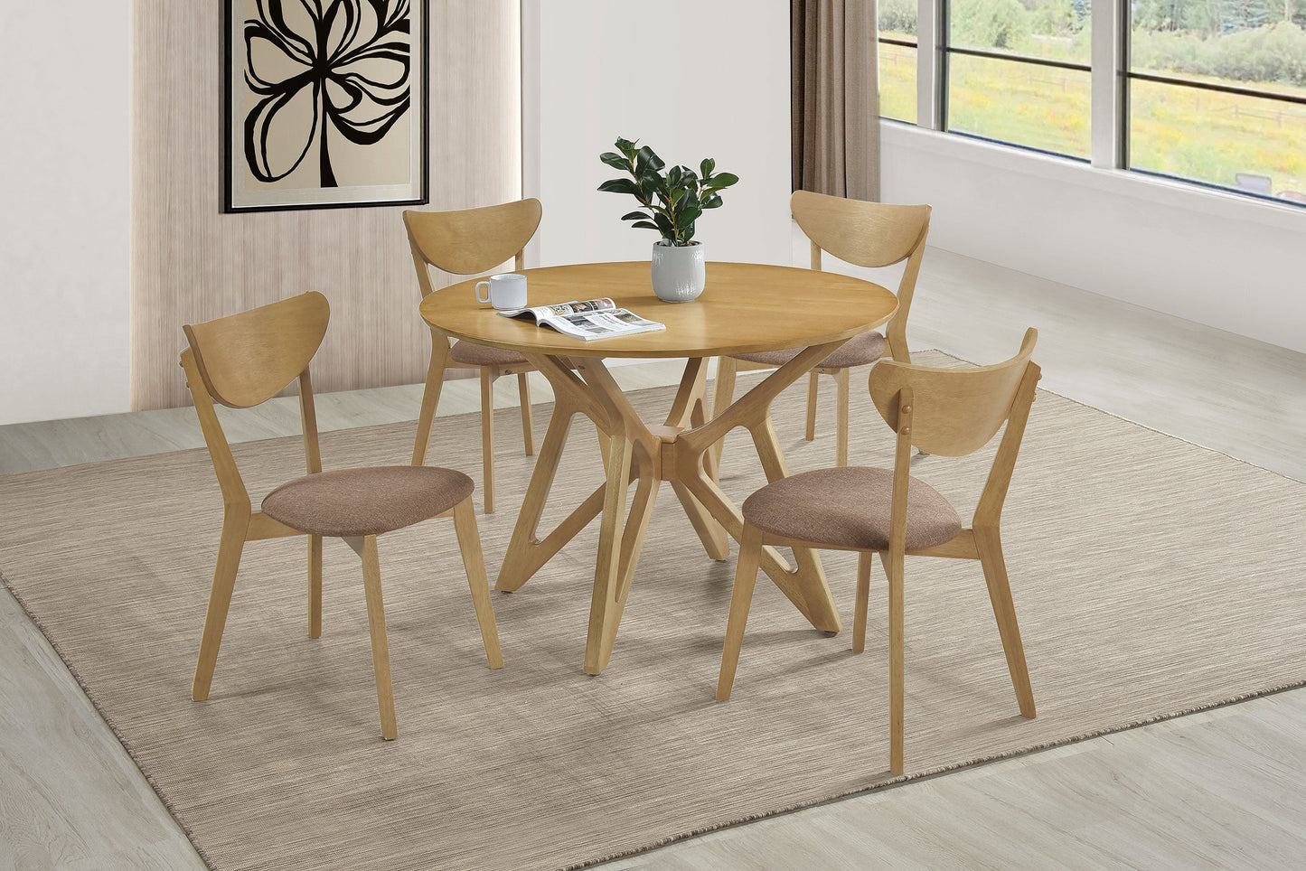 Juego de comedor redondo Elowen de madera maciza en nogal claro