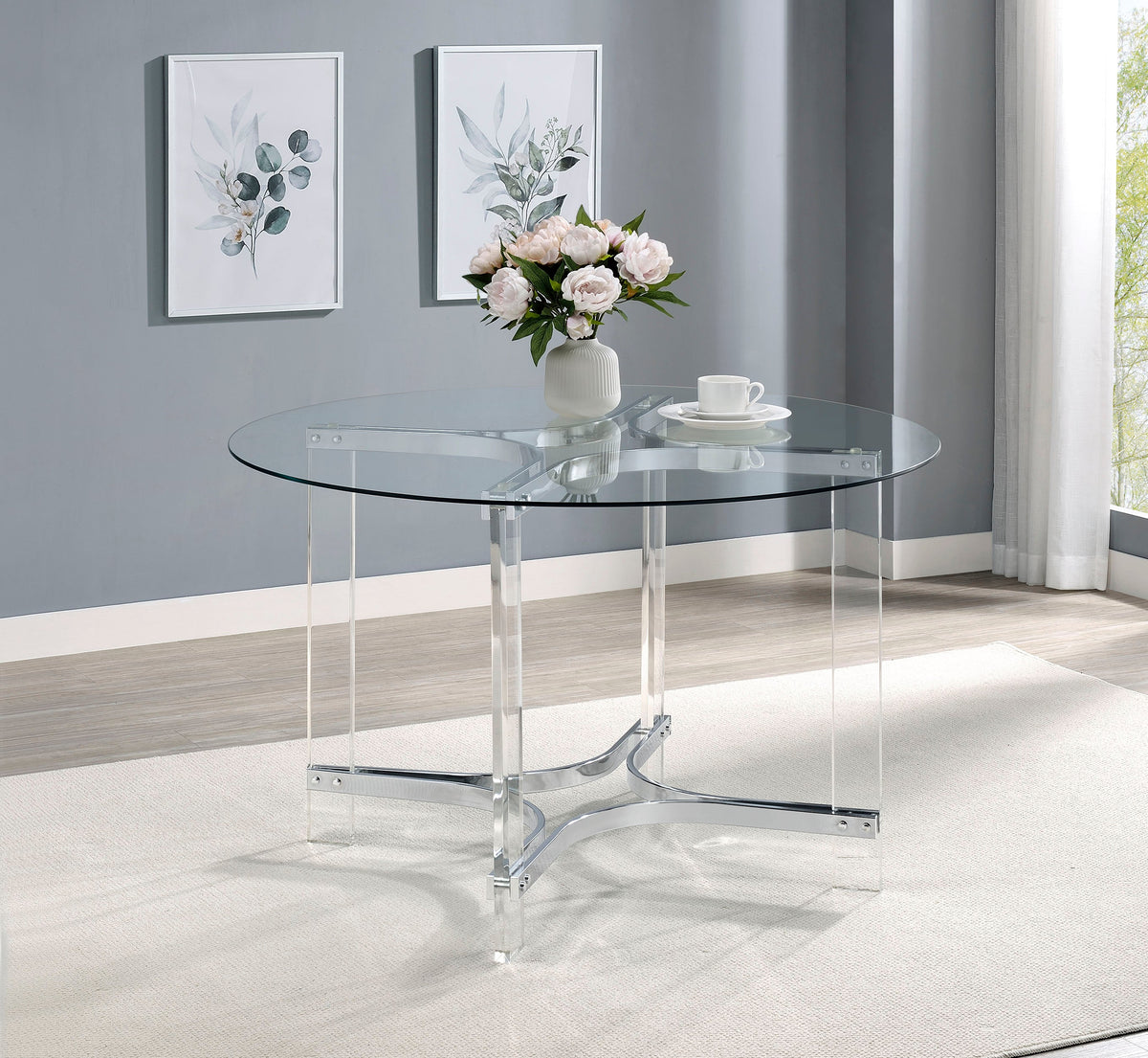 Mesa de comedor redonda de acrílico con tapa de vidrio de 47 pulgadas Keeling, cromada