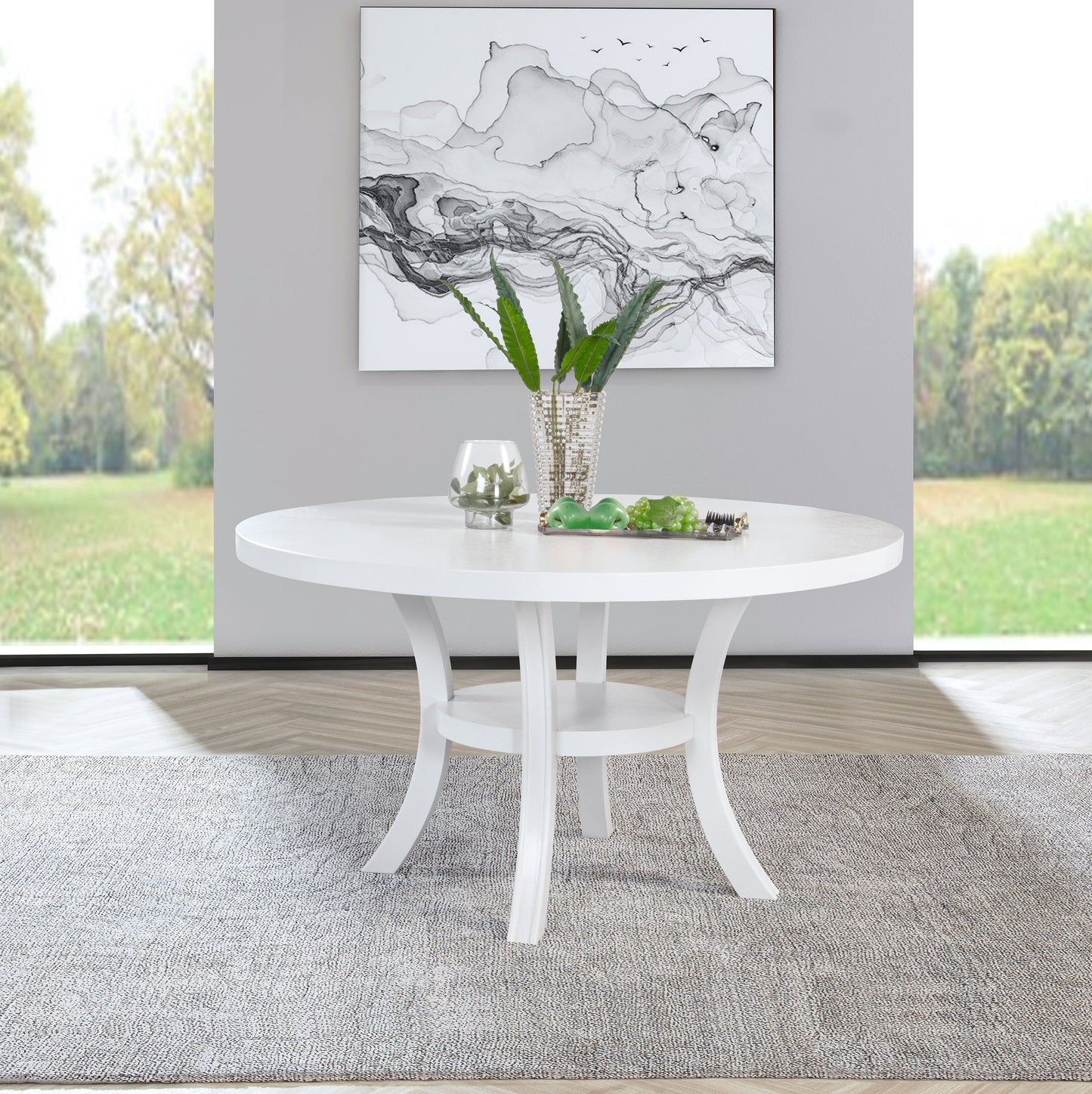 Mesa de comedor redonda de madera Judd de 54 pulgadas con estante en blanco perla