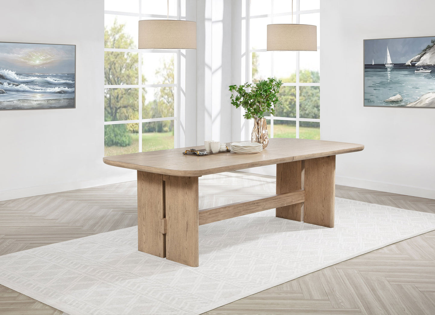 Mesa de comedor rectangular de madera Kailani de 110 pulgadas en roble beige