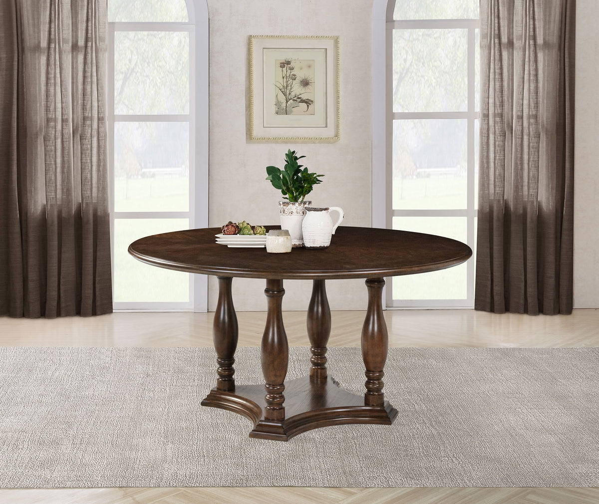 Mesa de comedor con pedestal de madera redonda Landon de 60 pulgadas en marrón intenso