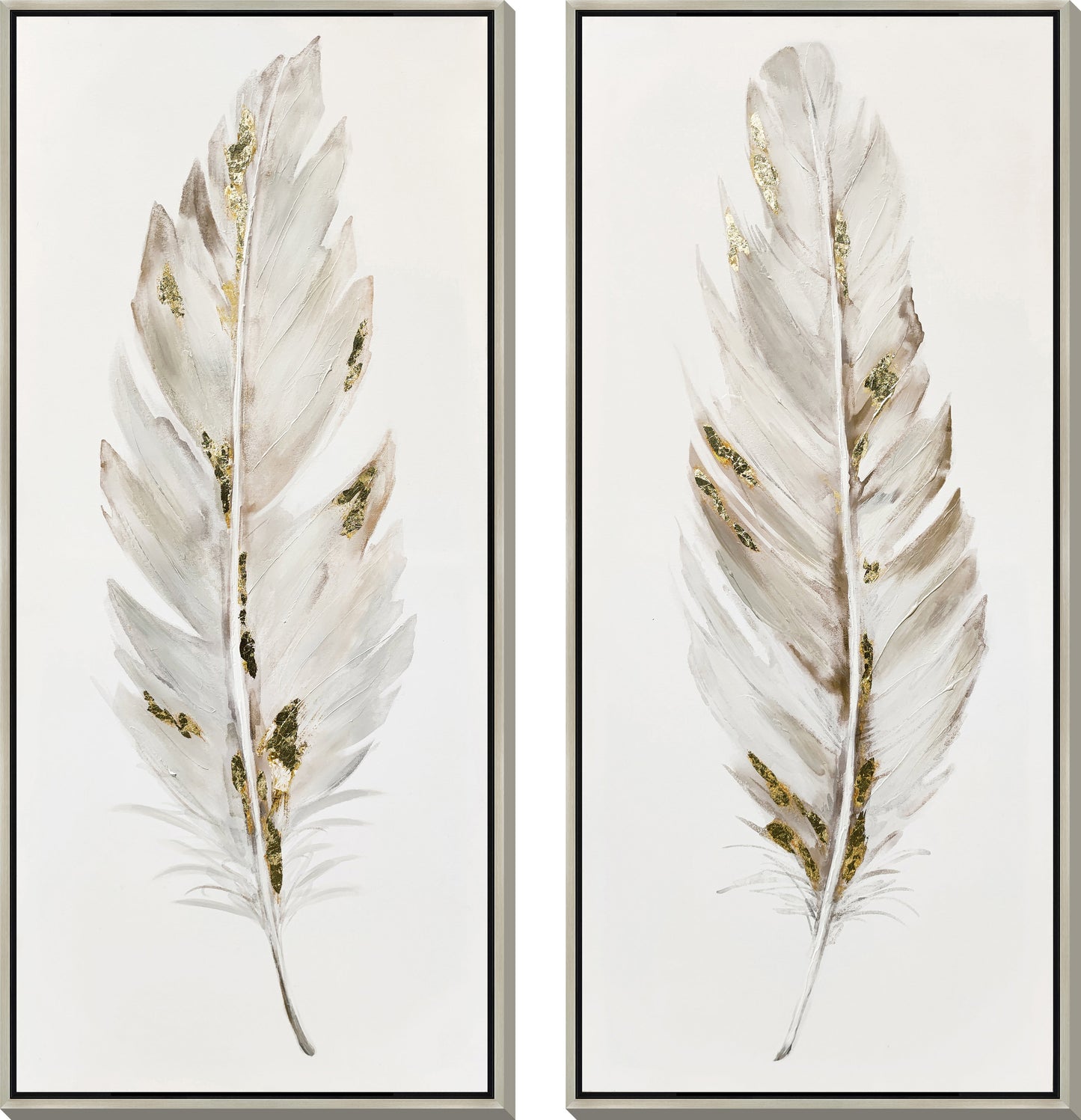 ''Gilded Whisper Feathers'' Hand-painted Canvas in Frame (set)
