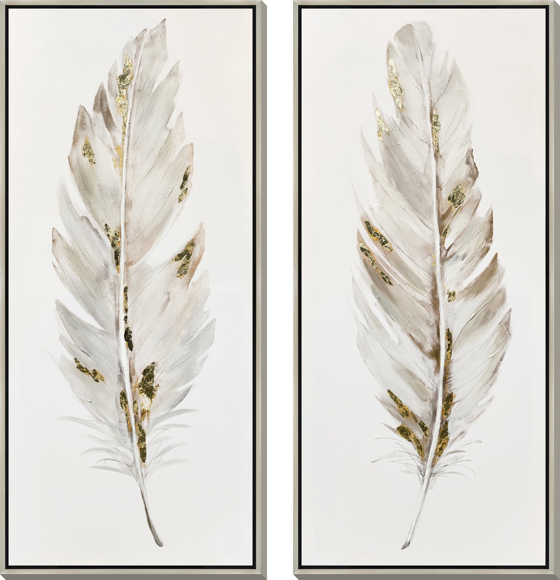 ''Gilded Whisper Feathers'' Hand-painted Canvas in Frame (set)
