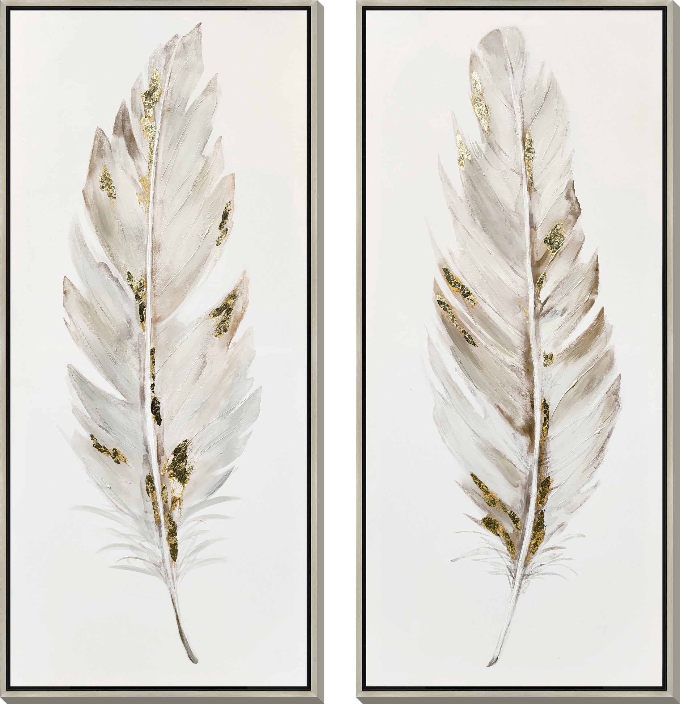 ''Gilded Whisper Feathers'' Hand-painted Canvas in Frame (set)