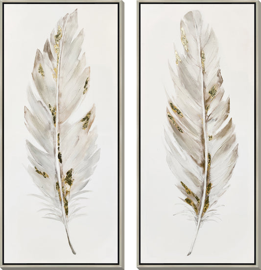 ''Gilded Whisper Feathers'' Hand-painted Canvas in Frame (set)