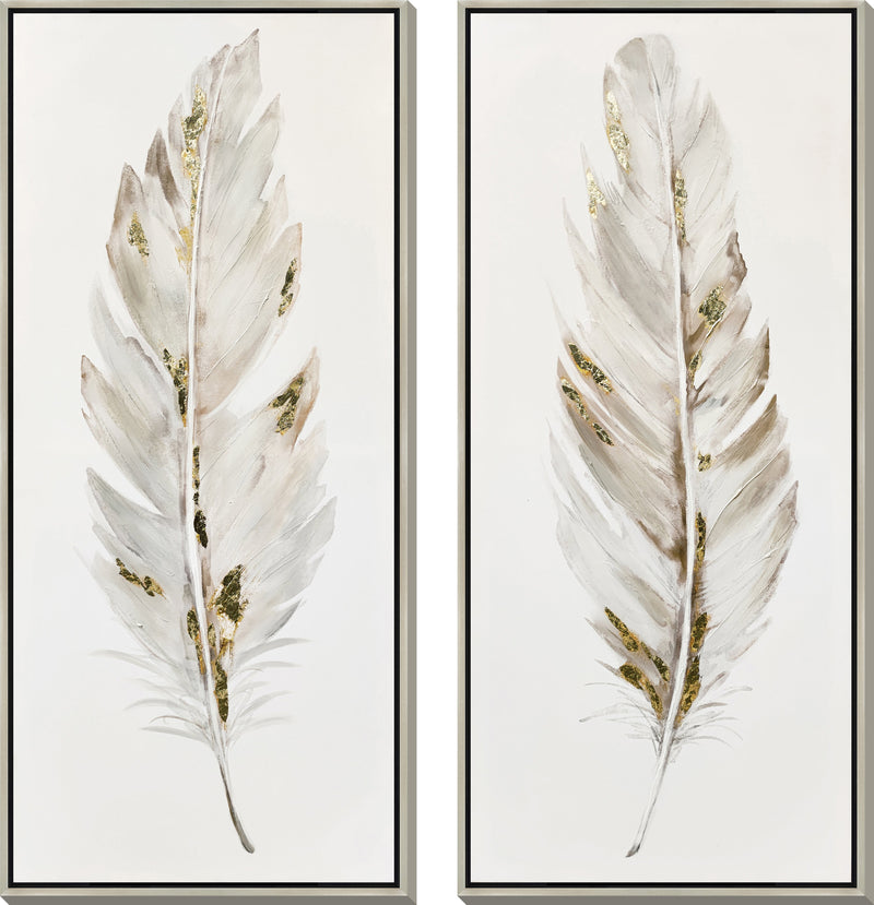 ''Gilded Whisper Feathers'' Hand-painted Canvas in Frame (set)
