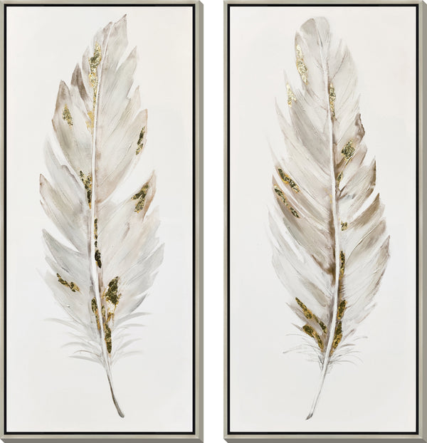 ''Gilded Whisper Feathers'' Hand-painted Canvas in Frame (set)