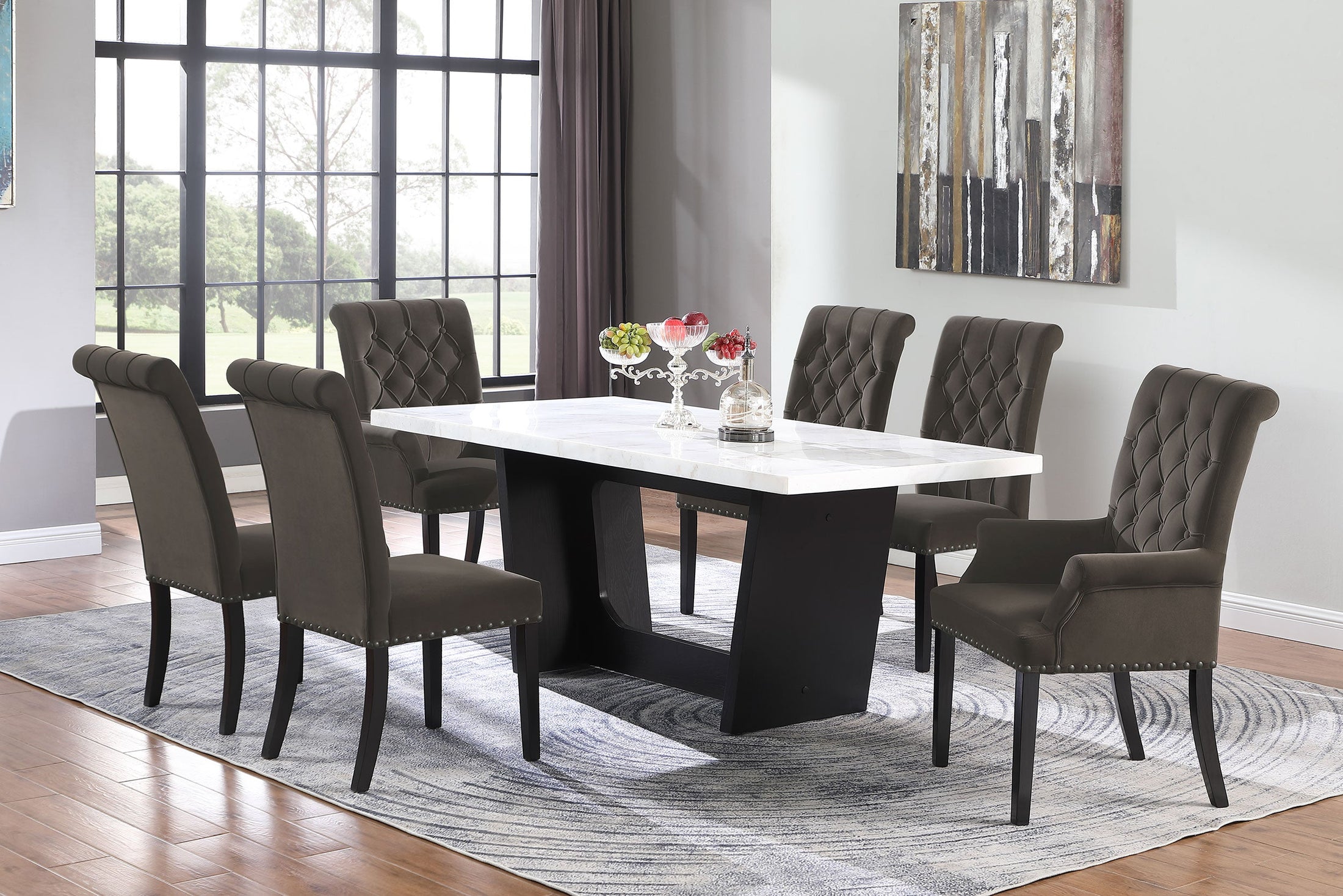 Juego de mesa de comedor rectangular con tapa de mármol Sherry marrón
