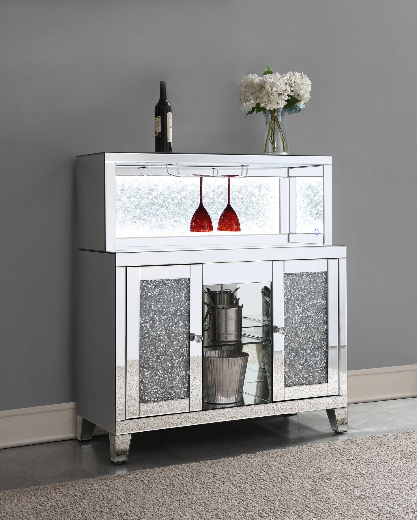Yvaine 2-door Mirrored Acrylic Home Bar Wine Cabinet Silver