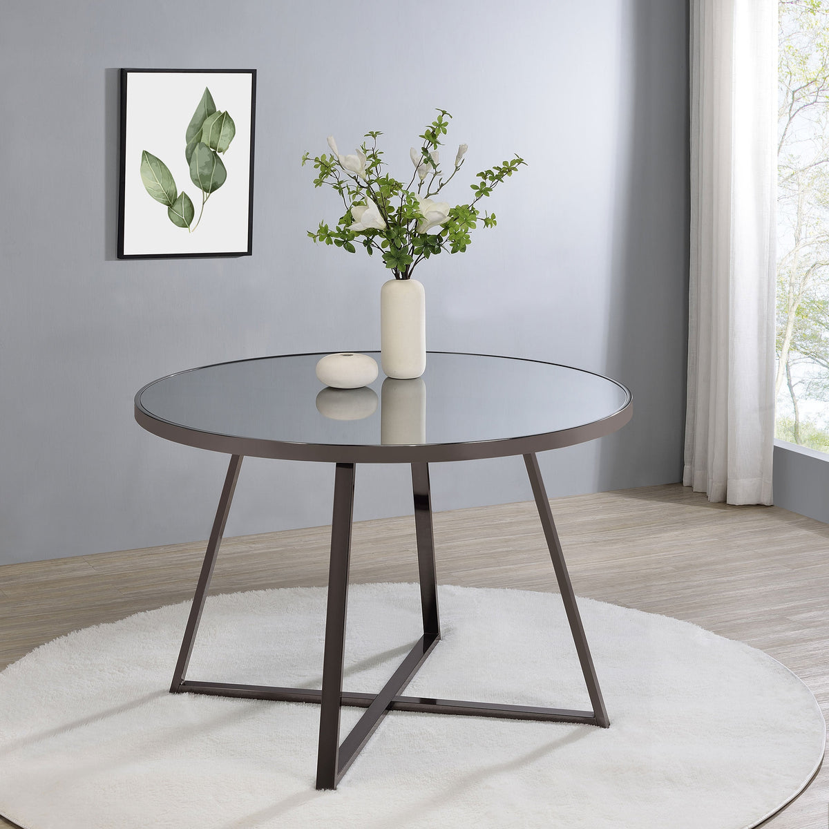 Mesa de comedor redonda Jillian de 45 pulgadas con superficie de espejo en níquel negro