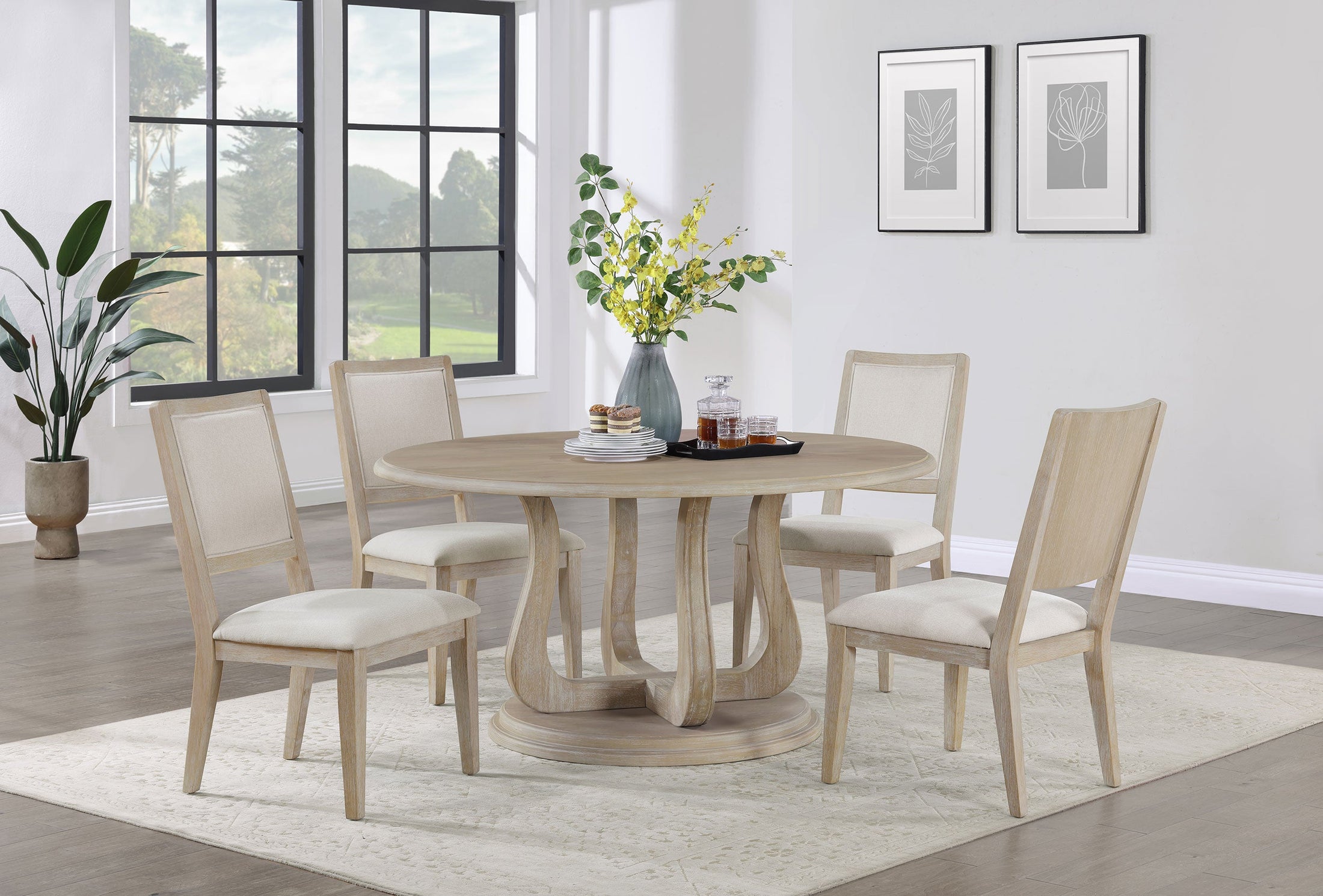 Juego de mesa de comedor redonda Trofello en blanco lavado