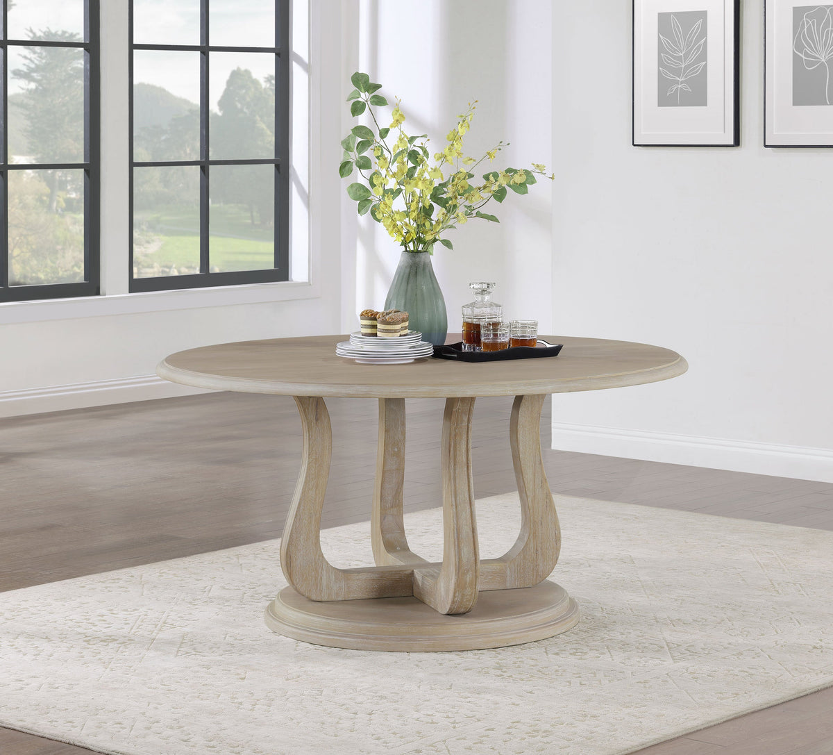 Mesa de comedor redonda Trofello con pedestal de 60 pulgadas, color blanco lavado