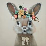 ''Flower Head Rabbit'' Hand-painted Canvas w/ Flowers