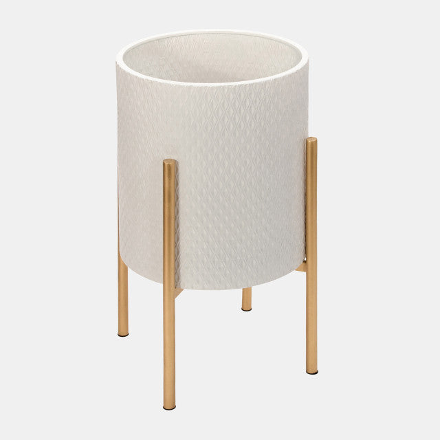 White Textured Planter On Metal Stand