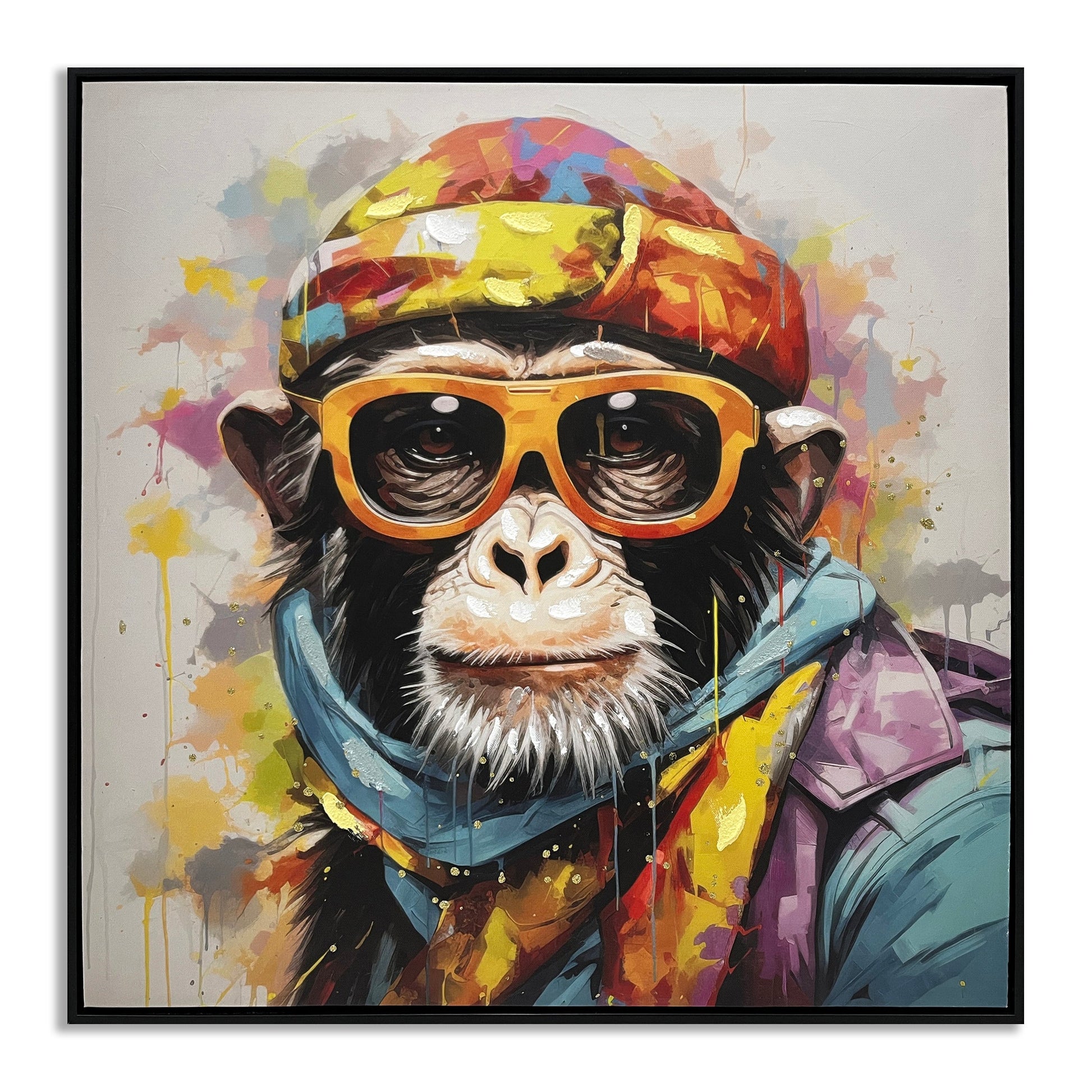 ''Chimp in Orange Shades'' Hand-painted Canvas in Frame