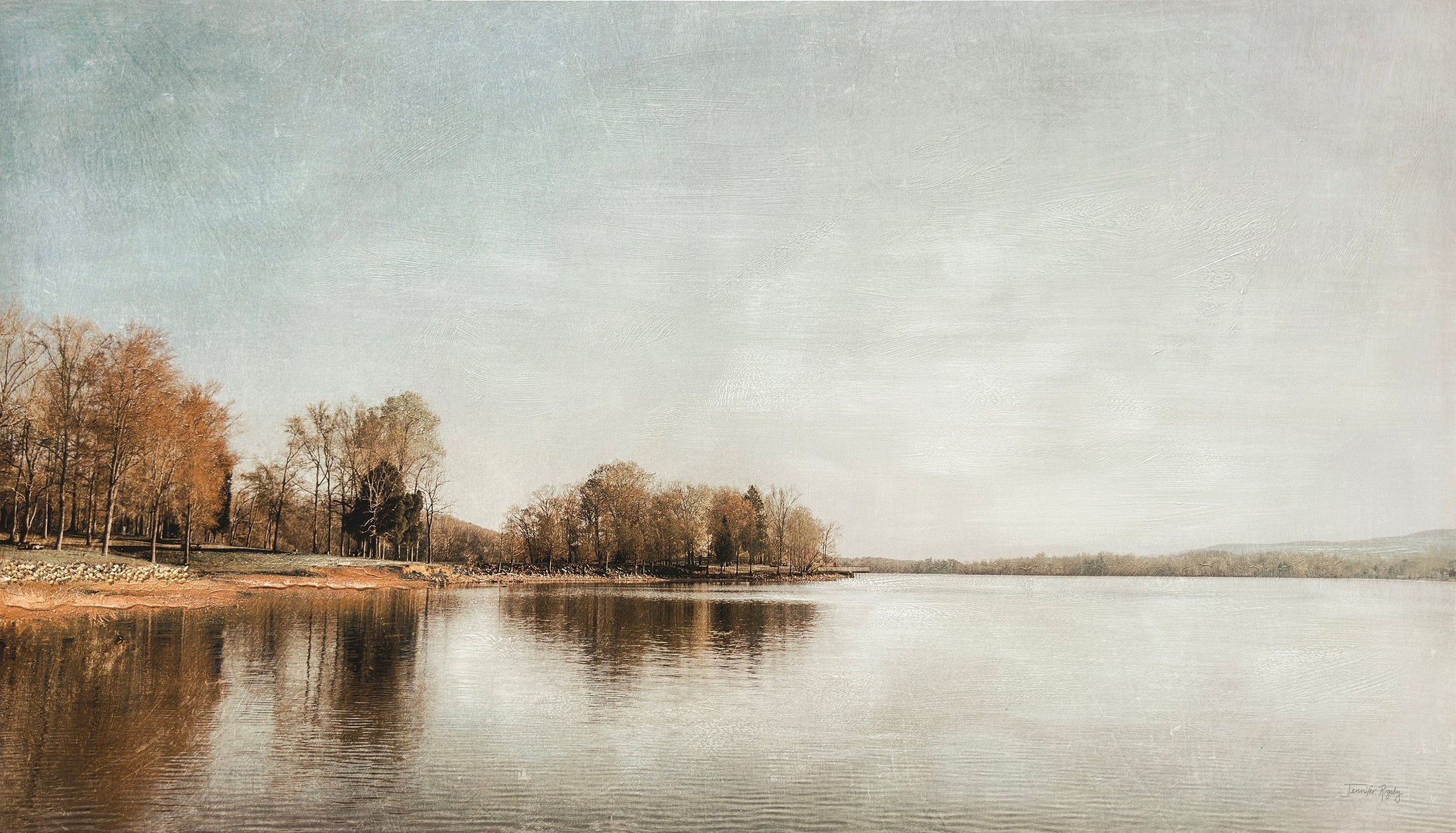 ''Misty Lake Calm - Woodland Reflection'' Hand-painted Wrapped Canvas