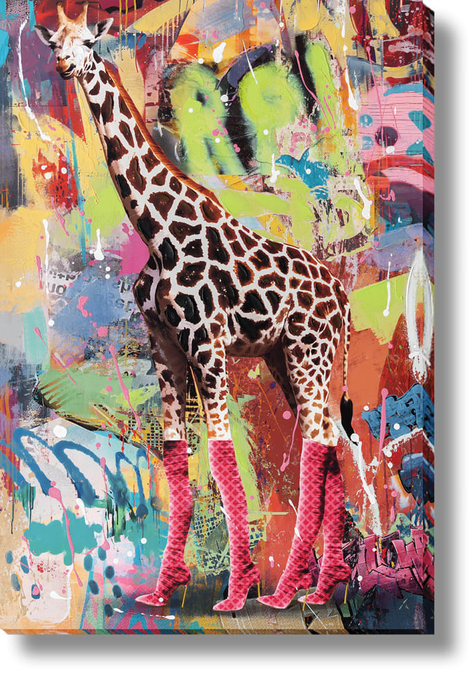 ''Urban Safari: Giraffe in Pink Heels'' Hand-painted Wrapped Canvas