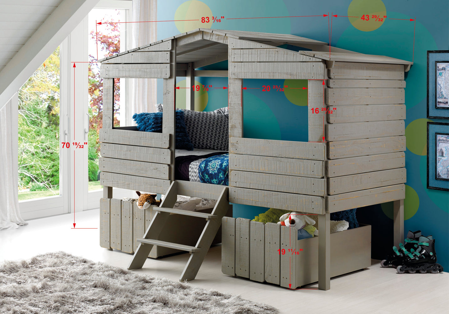 Beach House Low Loft Bed with House Toy Boxes