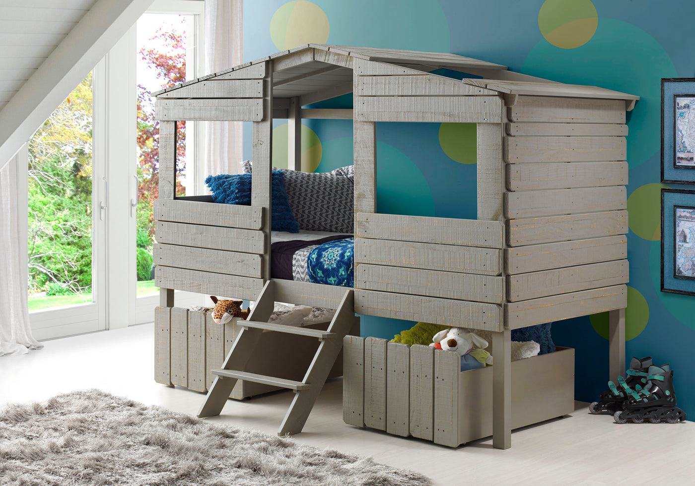 Beach House Low Loft Bed with House Toy Boxes