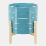 Striped Planter W/ Wood Stand Skyblue