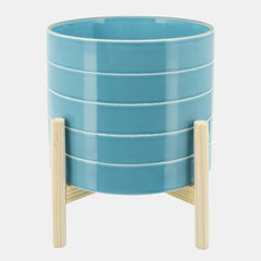 Striped Planter W/ Wood Stand Skyblue