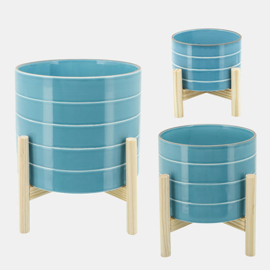 Striped Planter W/ Wood Stand Skyblue
