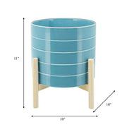 Striped Planter W/ Wood Stand Skyblue