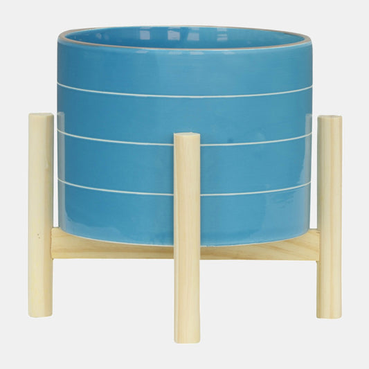 Striped Planter W/ Wood Stand Skyblue