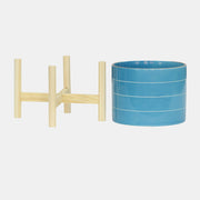 Striped Planter W/ Wood Stand Skyblue