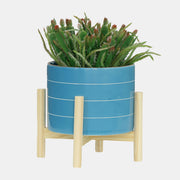 Striped Planter W/ Wood Stand Skyblue
