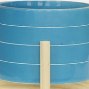 Striped Planter W/ Wood Stand Skyblue
