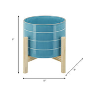 Striped Planter W/ Wood Stand Skyblue