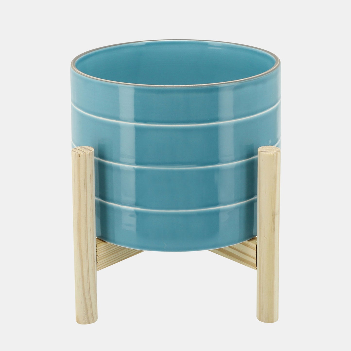 Striped Planter W/ Wood Stand Skyblue