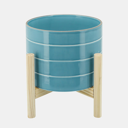 Striped Planter W/ Wood Stand Skyblue