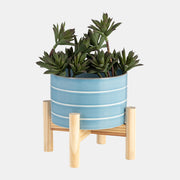 Striped Planter W/ Wood Stand Skyblue